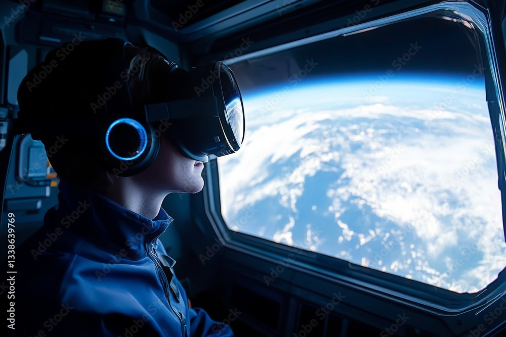 Poster Virtual reality experience simulating outer space from a spacecraft cockpit while observing Earth