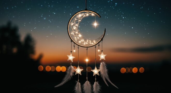 Dreamy night sky with illuminated crescent moon and starry dreamcatcher at dusk