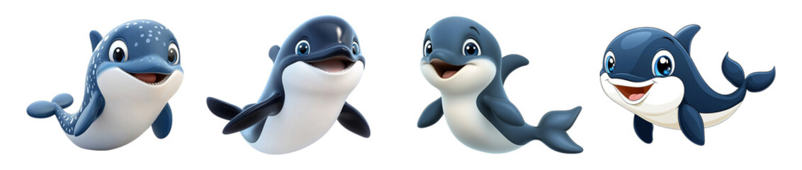 Obraz premium Set of cheerful cartoon dolphins swimming, playing in bright ocean water, isolated on transparent background, Cutout PNG