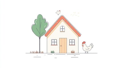 Simple Farm House Illustration with Chickens, Ideal for Children's Books