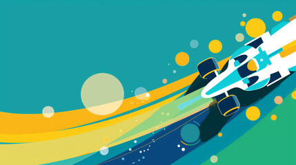 Dynamic illustration of a racing car in motion with vibrant colors and geometric elements.
