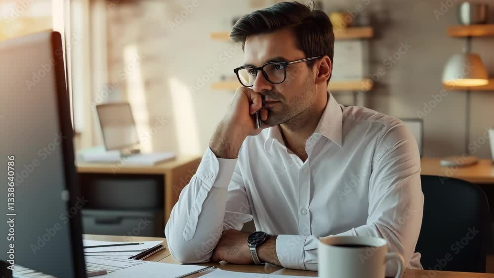 Poster a focused man in business attire contemplates solutions at his desk, surrounded by modern technology