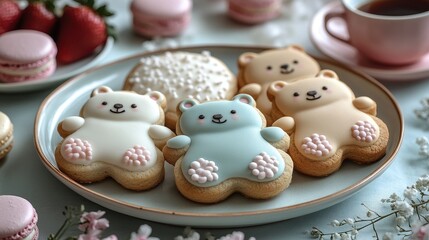 Cute cookies in bear shape on plate with macarons and coffee