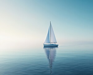 Fototapeta premium Tranquil Sailboat on Serene Water Under Blue Sky at Sunrise