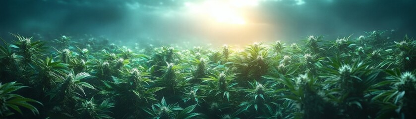 a vast field of green plants, illuminated by sunlight from above, create a surreal, underwater-like atmosphere