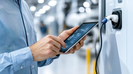 Technician Monitoring Charging Station On Digital Tablet