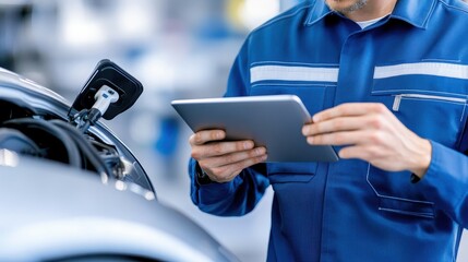 Technician Uses Tablet For Electric Car Diagnostics.