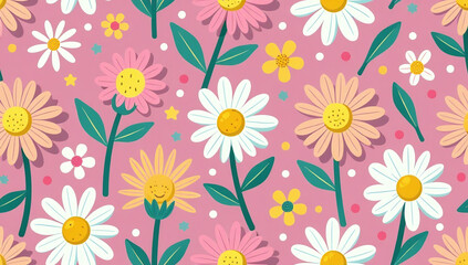 groovy daisy seamless vector pattern lilac pink yellow green funny cute surface design trendy retro trippy