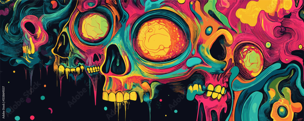 Wall mural colorful abstract skulls with psychedelic patterns and vibrant dripping colors.