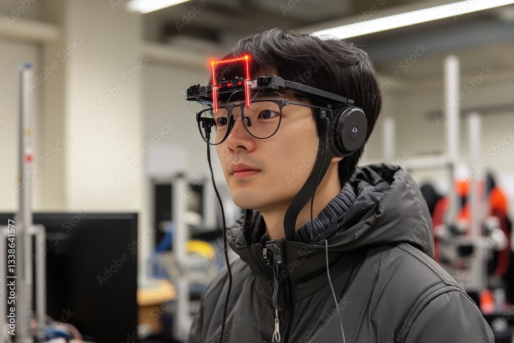 Aufkleber young man wearing a head-mounted device in a technology lab conducting research on brain activity