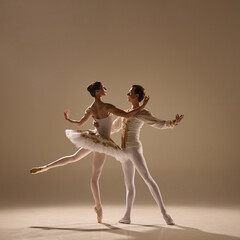 Dancers meet in elegant embrace, ballerina lifting gracefully, partner holding firm balance, soft...