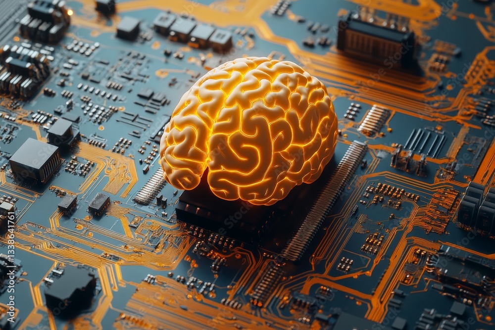 Poster neon brain design integrated into a circuit board showcasing technology and innovation in artificial