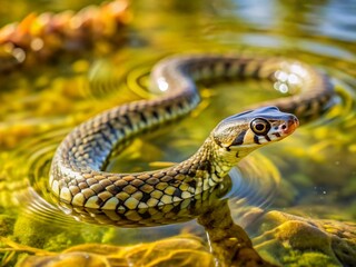 Young Grass Snake Swimming in River - Aerial View