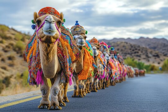 A row of camels wearing colorful, intricately decorated outfits walk along the road in an Indian desert landscape.
