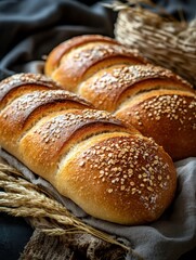 Rustic loaves of golden brown bread adorned with oats on a linen cloth with wheat stalks bakery style