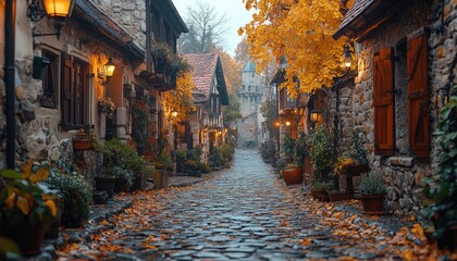 Fototapeta premium Stone buildings line a cobblestone street in a scenic village