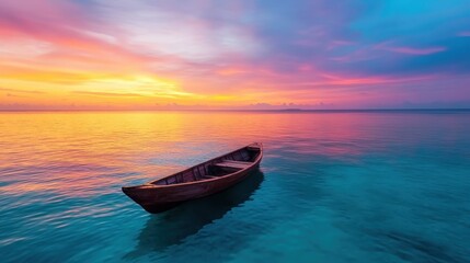 Naklejka premium A single wooden boat floats serenely on calm waters at sunset, creating a stunning contrast of colors and evoking feelings of tranquility and peaceful solitude.