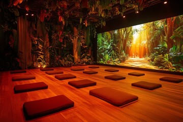 Meditation studio featuring a tranquil forest backdrop and spacious meditation mats in a lush setting