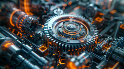 Futuristic mechanical gear system with orange glow.