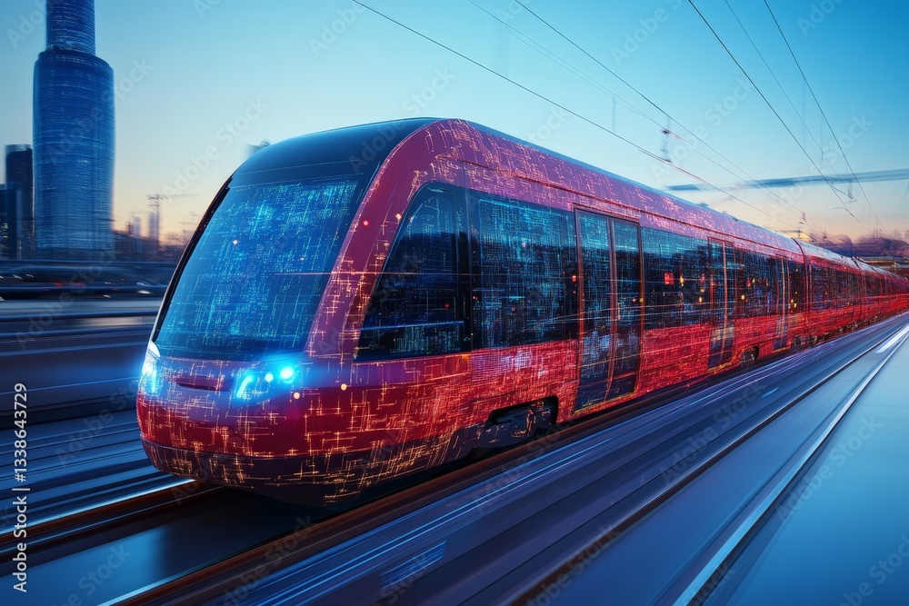 Aufkleber Futuristic train moving rapidly through a modern cityscape at dusk with vibrant lights and digital patterns