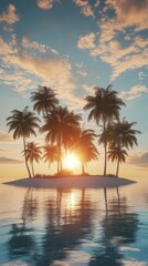 Serene Sunset Over Tropical Island Surrounded by Calm Water