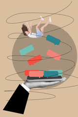 Posterimage collage of young girl falling down in gadget with speech bubble sms