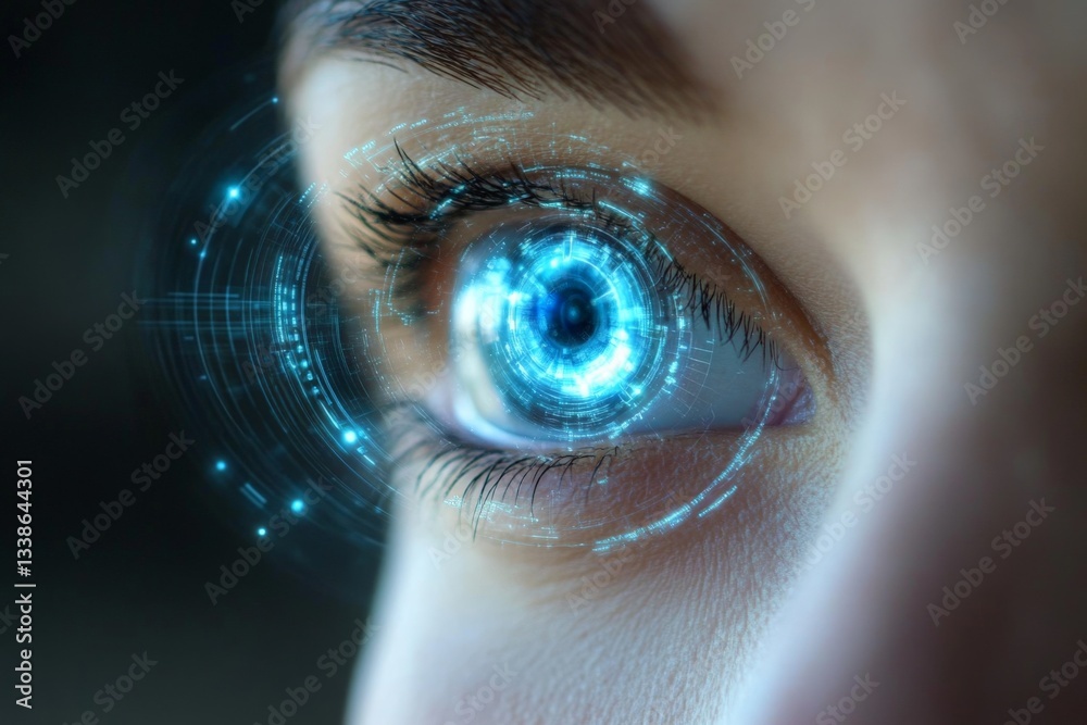 Fototapete Close-up of a human eye with advanced digital effects highlighting futuristic technology and data visualization in a creative representation
