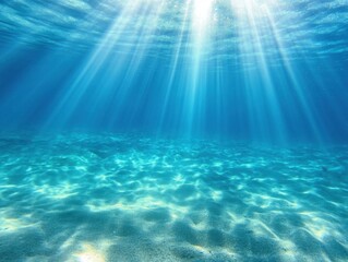 Fototapeta premium Serene underwater scene with sun rays filtering through turquoise water illuminating sandy seabed tranquil aquatic view