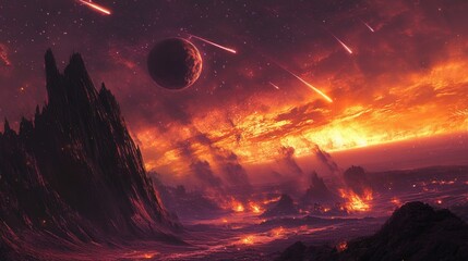 Intense meteor storm lights up alien landscape with active volcanism and a distant planet against a fiery sky