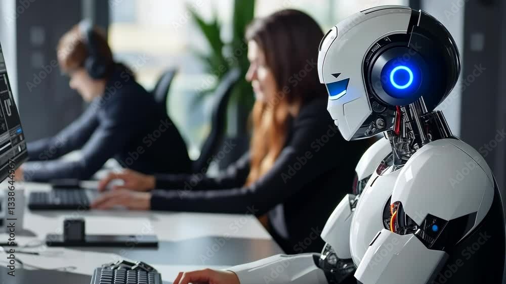 Poster this image shows a modern workplace, featuring a humanoid robot alongside professionals focused on t