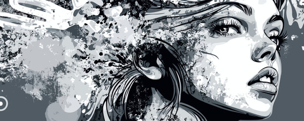 Artistic portrait of a woman with abstract ink splatter and expressive facial features.
