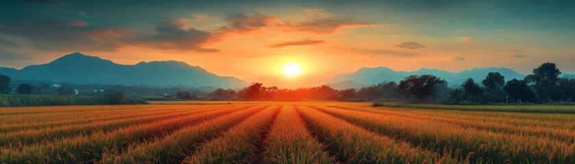 Obraz premium a stunning sunset over a vast farmland, showcasing golden fields stretching towards the horizon. The sky is painted with vibrant hues, creating a breathtaking landscape
