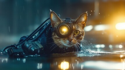 This imaginative image of a cat adorned with diving gear and a glowing eye highlights a futuristic exploration theme, merging whimsy with elements of stealth and adventure.