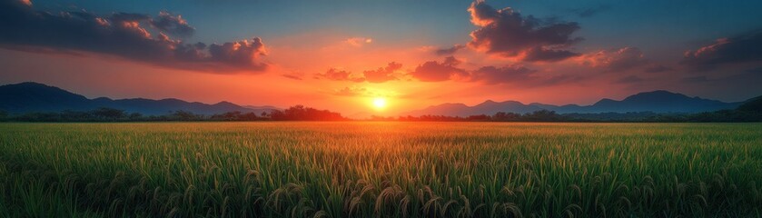 Fototapeta premium a breathtaking sunrise over a vast field with mountains in the distance, the sky ablaze with vibrant colors