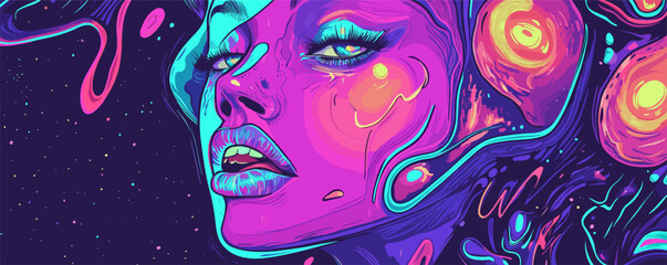 Vibrant abstract art of a woman's face in a cosmic neon fantasy setting.