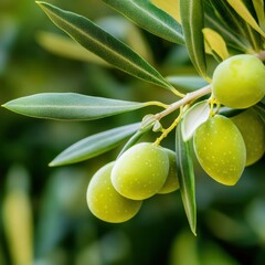 Obraz premium Benefits of Olives. Green olives hanging from branches with glossy leaves and a blurred green background.