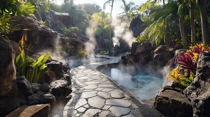 A volcanic hot spring spa with stone walkways immersed in steaming mineral-enriched pools surrounded by rugged rock formations and vibrant tropical flora on all sides. 32k