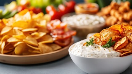 An enticing display of crispy chips served with creamy dip, highlighting the vibrant colors of fresh vegetables in the background for a satisfying snack experience.