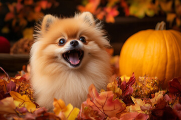 Fototapeta premium A cheerful Pomeranian smiling amidst vibrant autumn leaves and pumpkins.