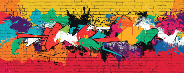 Colorful abstract graffiti art on brick wall with vibrant patterns and splashes.