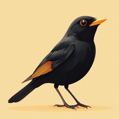 Fototapeta premium Illustrative Portrait of a Black Bird with Bright Orange Bill and Wings Over Minimalist Cream Background