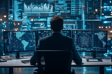 A professional analyzing complex data on multiple screens in a modern workspace.