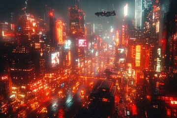 Naklejka premium The Rain Soaked Futuristic City Lights Illuminated By Neon Glow