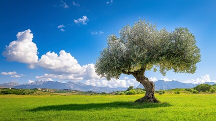 Pixelated Olive Tree in Sunny Field with Mountain Background