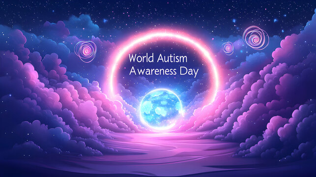 A cosmic glowing "World Autism Awareness Day" text forming a perfect arc around a luminous world with floating spiral ribbons, soft pastel background