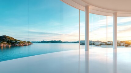 A peaceful coastal landscape features vibrant colors at sunset, beautifully framed by glass, inviting viewers to experience the harmony between nature and modern design.