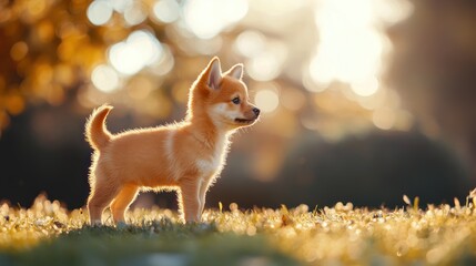 Adorable puppy standing in golden sunlight.  Possible use Stock photo for pet adoption campaigns