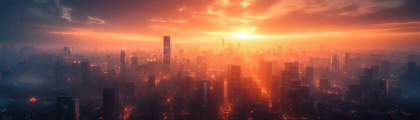 Fototapeta premium city skyline silhouette during a fiery sunset with buildings stretching towards the sky, dramatic skies, and the sun's rays piercing through the clouds