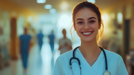 Obraz premium Portrait of smiling young nurse working in hospital corridor