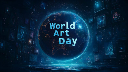 A fantasy-inspired "World Art Day" typography floating in a circular pattern around a glowing Earth, surrounded by various art-based patterns